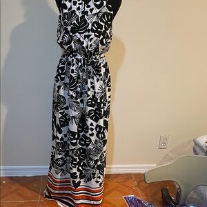 Divided Black and White Maxi Dress with Orange Stripes